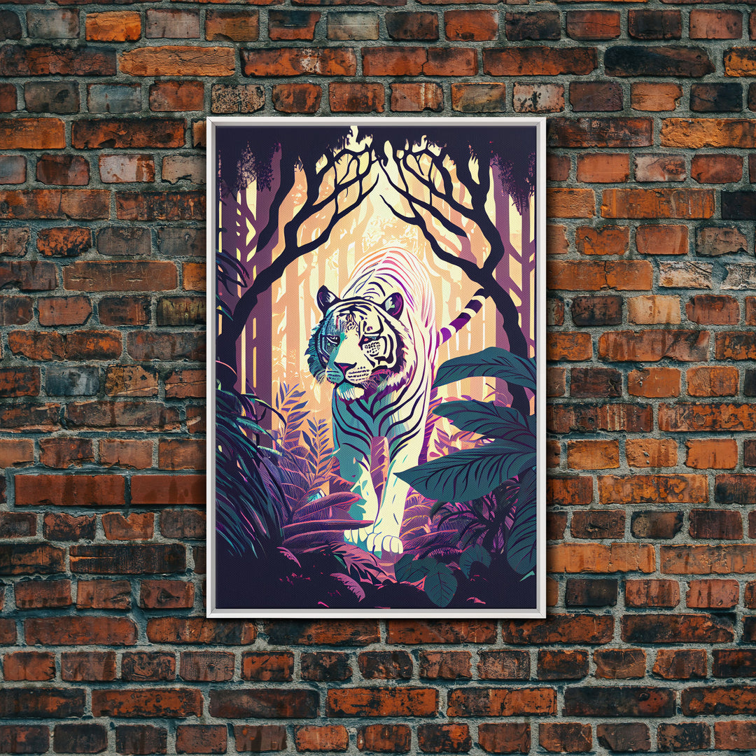 White tiger in the jungle, retro wave art, framed canvas print, albino tiger, rare art