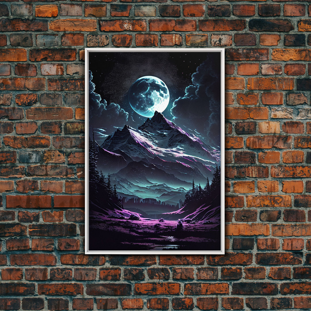 Mythical mountains fantasy art, framed canvas print, full moon over a mystical mountain landscape