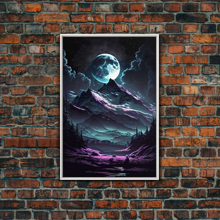 Mythical mountains fantasy art, framed canvas print, full moon over a mystical mountain landscape