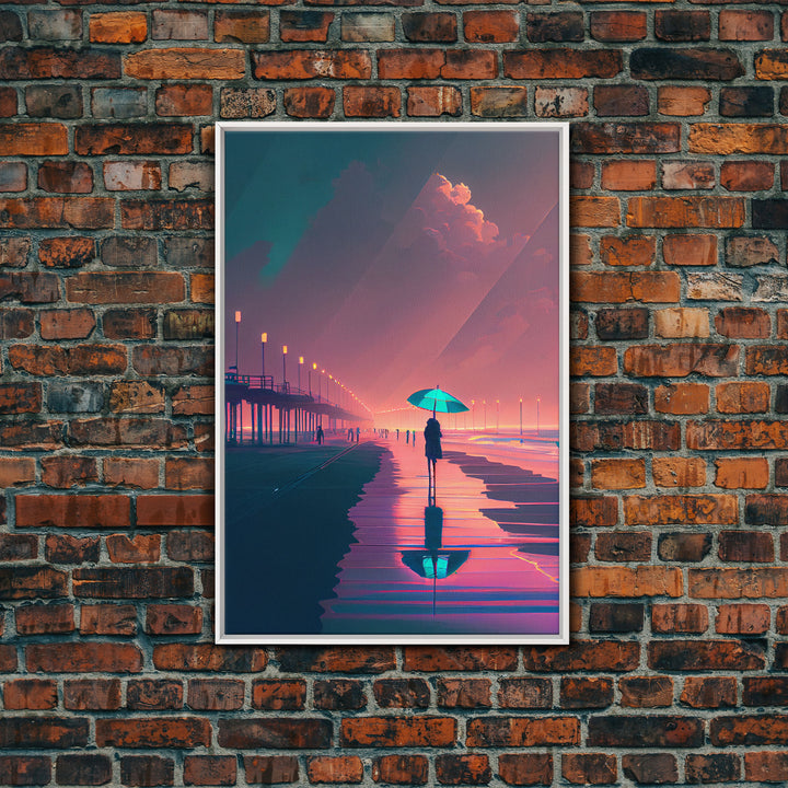 Synthwave Art, Neon / Pastel Beach Boardwalk, framed canvas print, vintage 80s style art