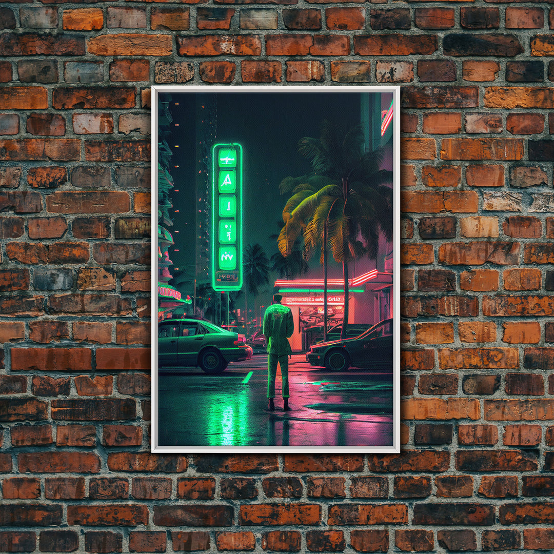 Neon Tokyo Streets, 80s Retro Style Tokyo Art, Framed Canvas Print