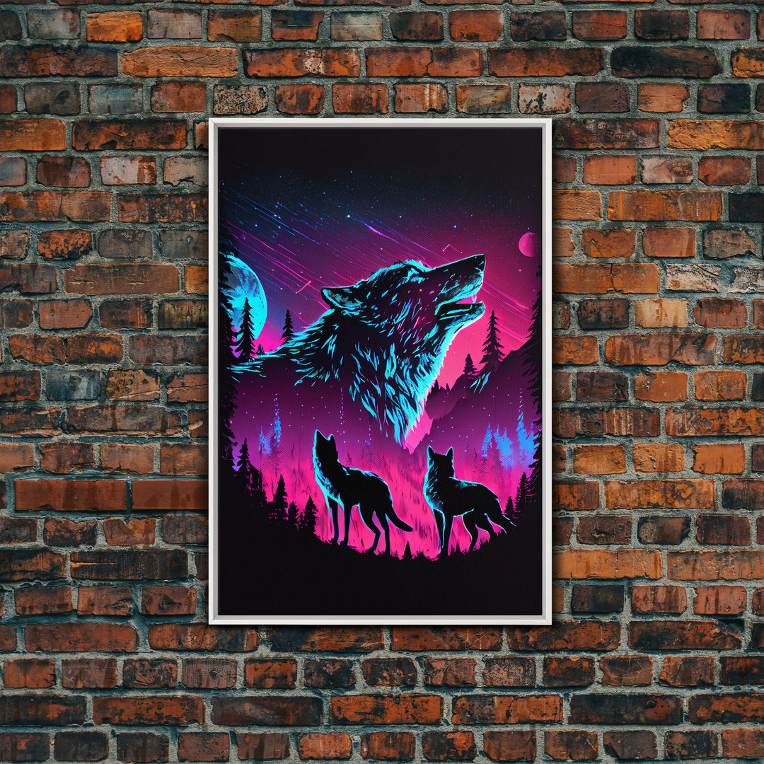 Wolves Howling at the moon, 3 wolf moon, framed canvas print, vaporwave art, Animal art, predator art