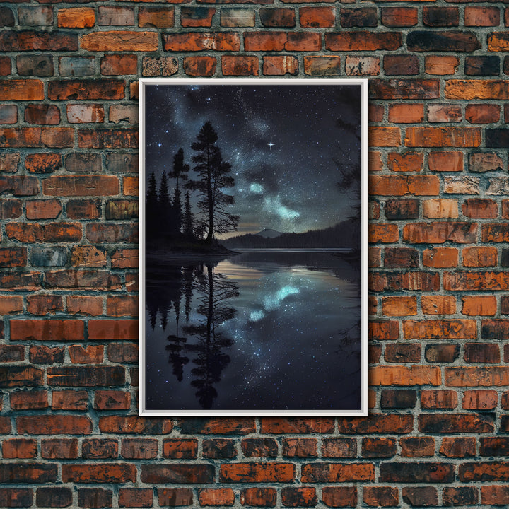 Reflections of a starry night sky over the lake, lakehouse art, beautiful framed canvas print