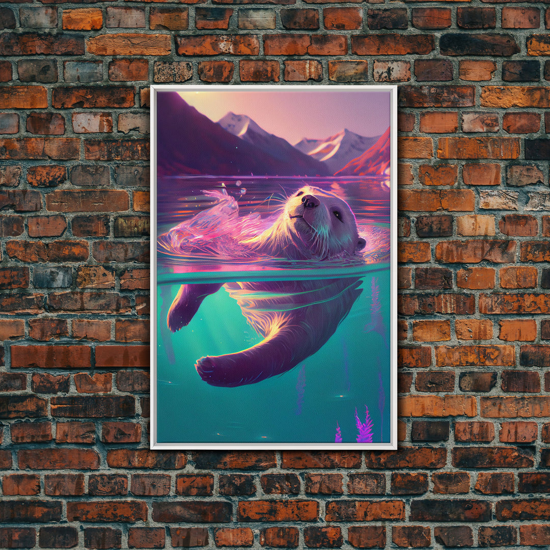 Cute Otter going for a swim, pastel retro style art, framed canvas print, Otter out for a swim in a mountain lake