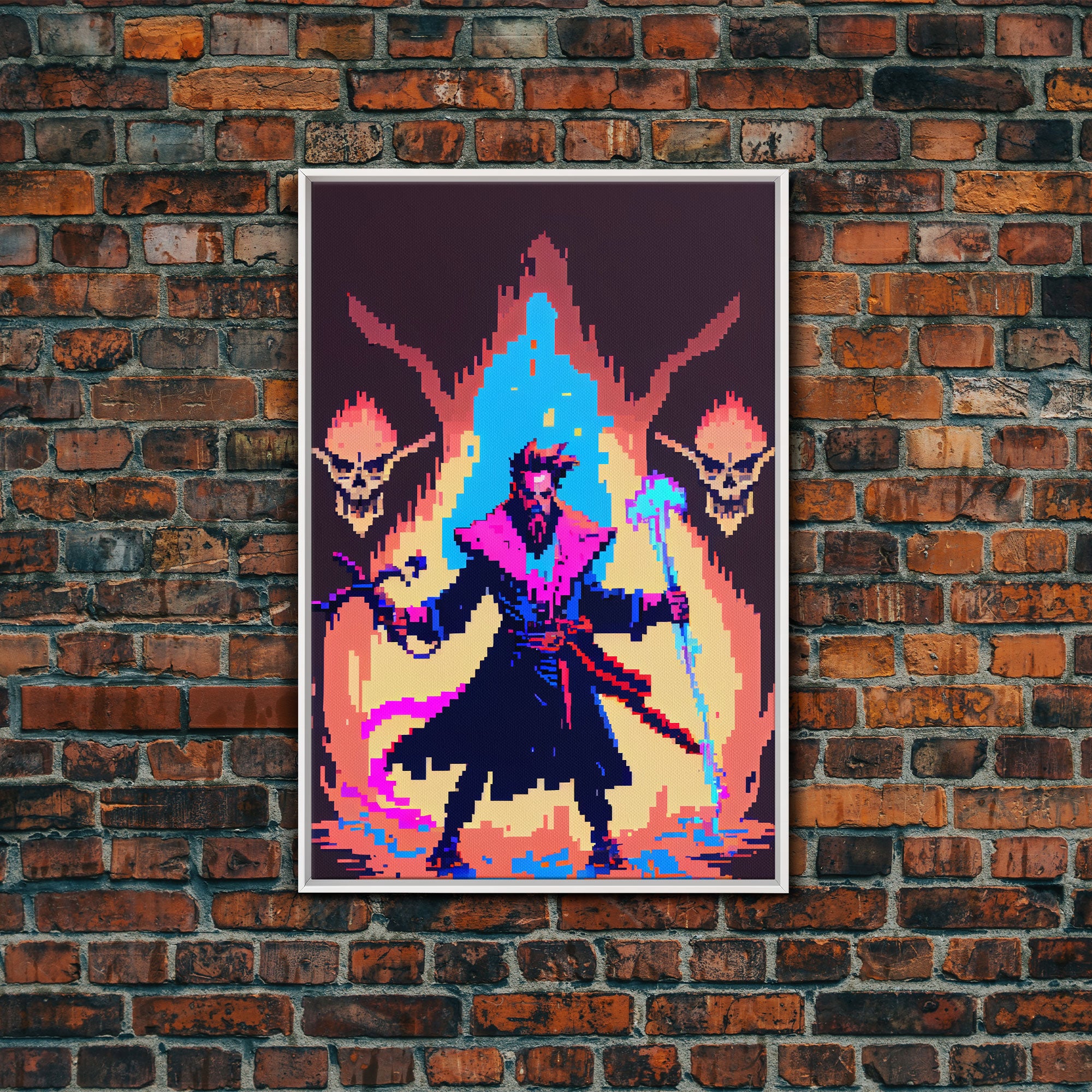 Tabletop RPG pixel art, Human Necromancer Art, framed canvas print, framed game room decor