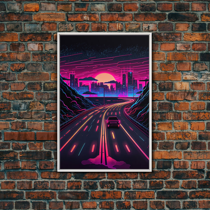 The Drive, Retrowave Outrun Style City Skyline Sunset, 80s Vibes, Framed Canvas Print