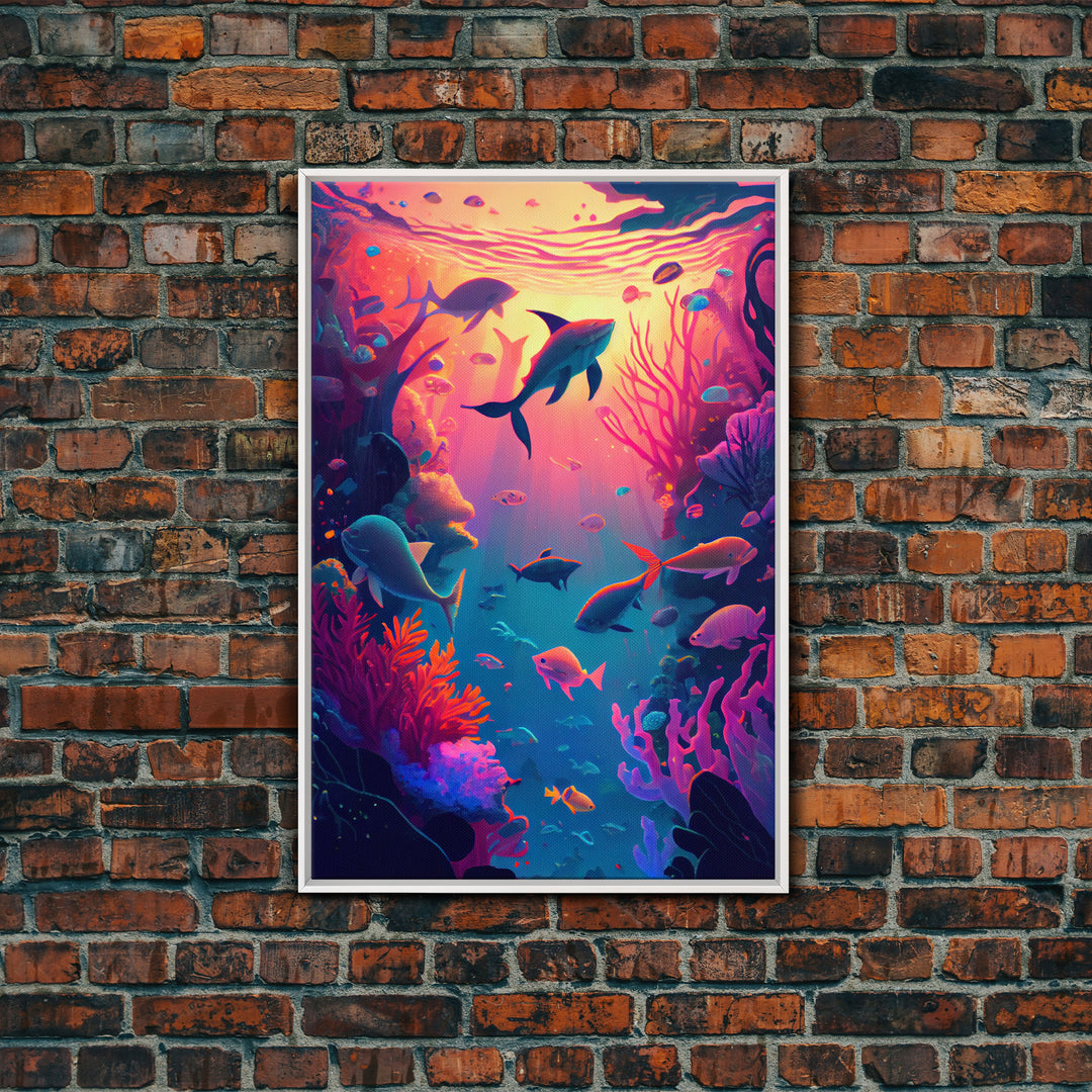 80s Vibe Under The Sea Coral Reef Art, framed canvas print, fish and reef art