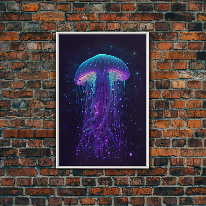 Bioluminescent Jellyfish against a Starry night sky, Cosmic Jelly Fish, Framed Canvas Print, synthwave style art