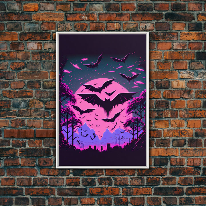 Vampire Bat Art, Horror, framed canvas print, bats in flight over a pink full moon, Halloween Decor, Halloween Wall Art