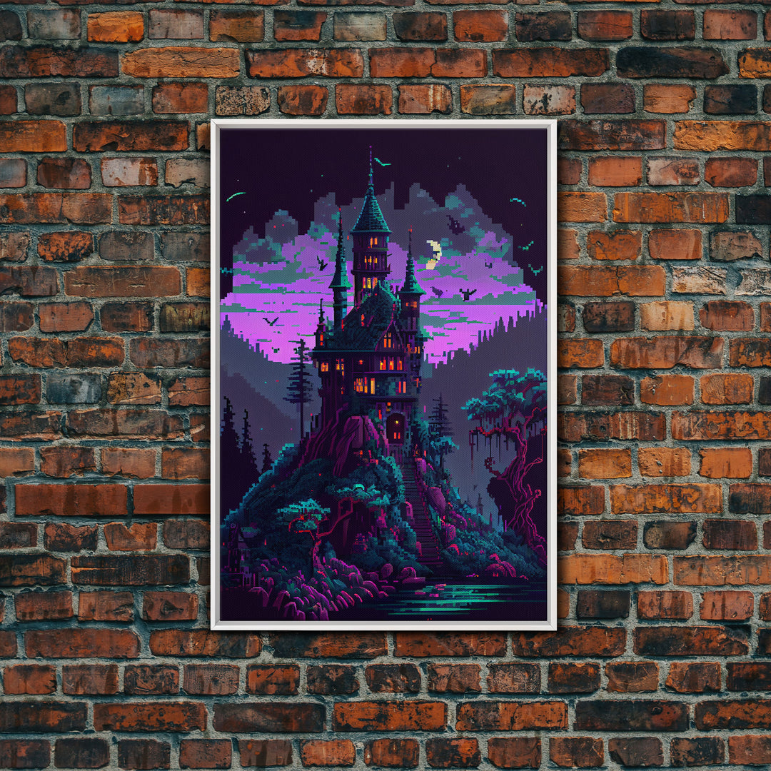 Transylvania Art, Cool Medieval castle 8 bit pixel art, fantasy art, framed canvas print, Cool castle art