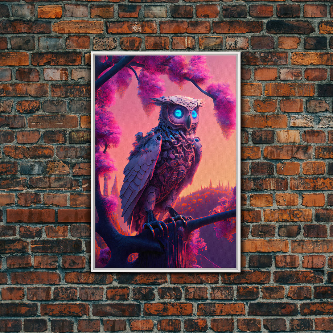 Cyberpunk Robot Owl, framed canvas print, Cybernetic android owl art, vaporwave aesthetic futuristic art