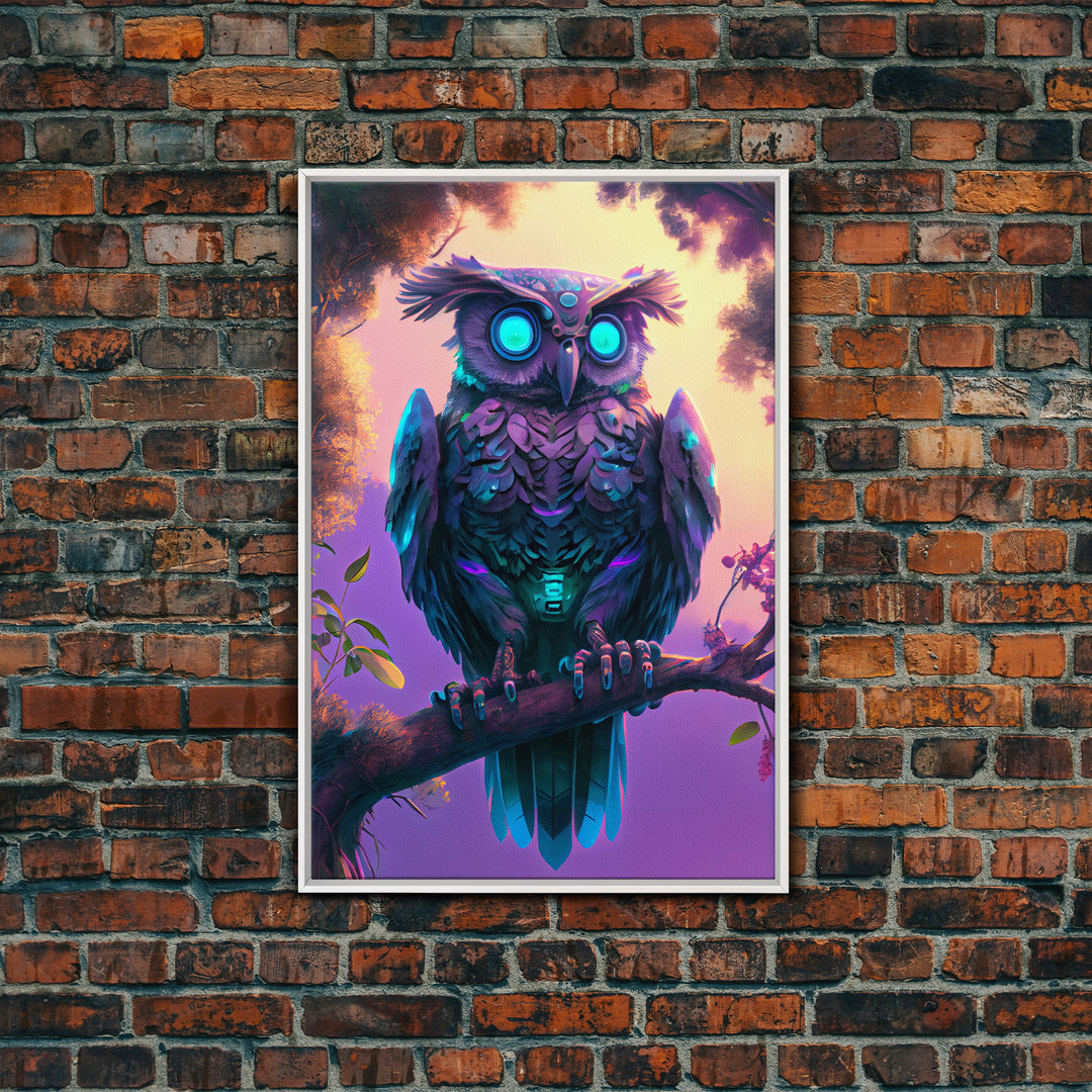 Cyberpunk Robot Owl, framed canvas print, Cybernetic android owl art, vaporwave aesthetic futuristic art