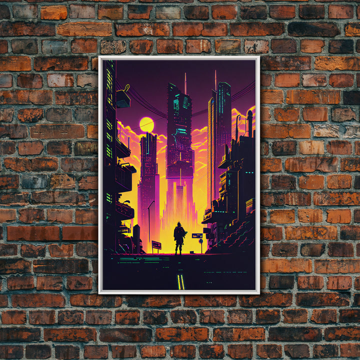 Cyberpunk art, Retrowave style dystopian cityscape art, game room art, framed canvas print, retro wave city skyline