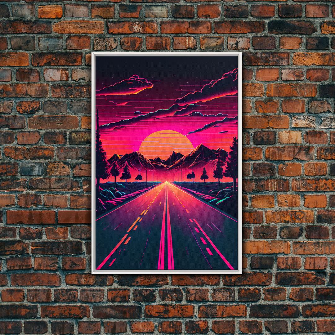 Outrun Sunset over the Arizona mountains, neon aesthetic art,  framed canvas print