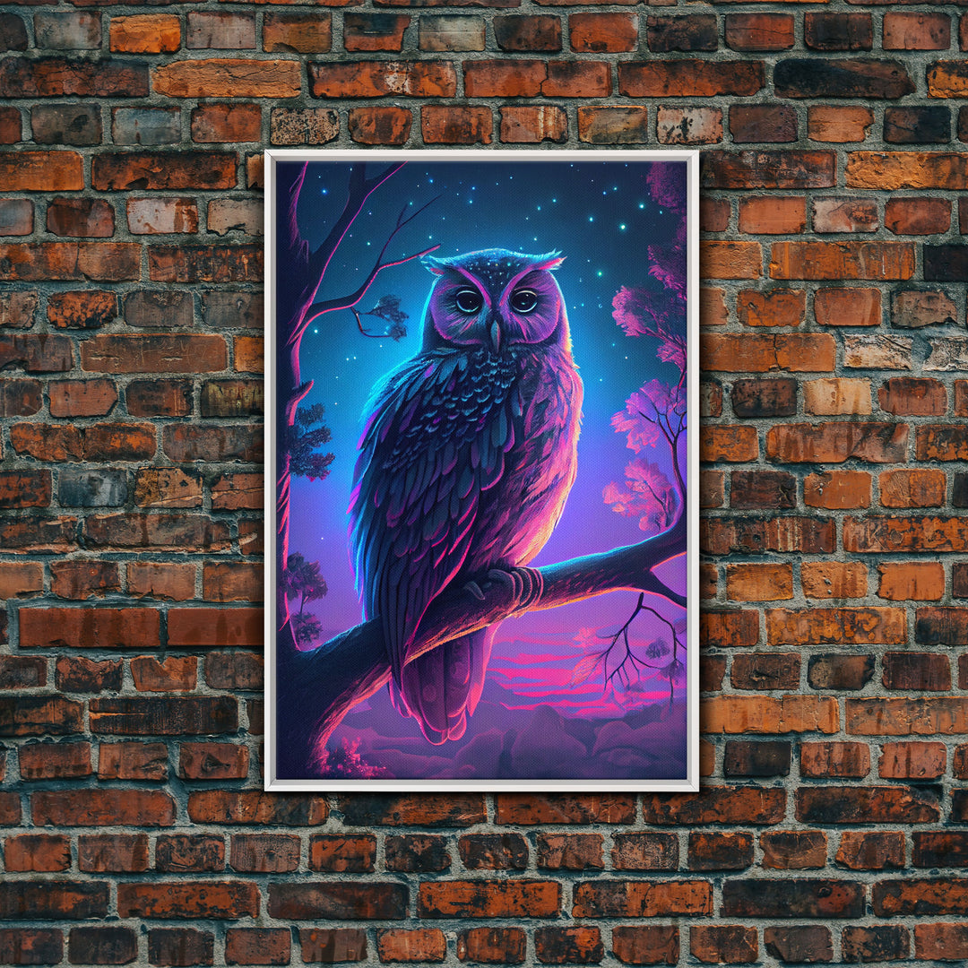 Retro Style Owl Art, Framed Canvas Print, outrun style owl at midnight under a starry sky