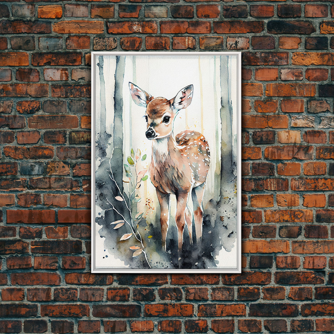 Watercolor portrait of a deer fawn, framed canvas print