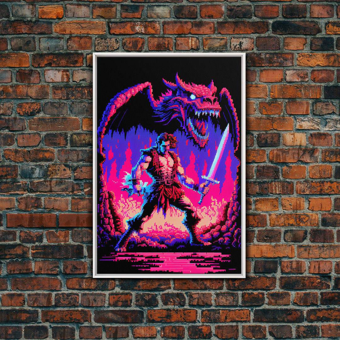 Tabletop RPG art, vaporwave neon aesthetic, Barbarian art, framed canvas print