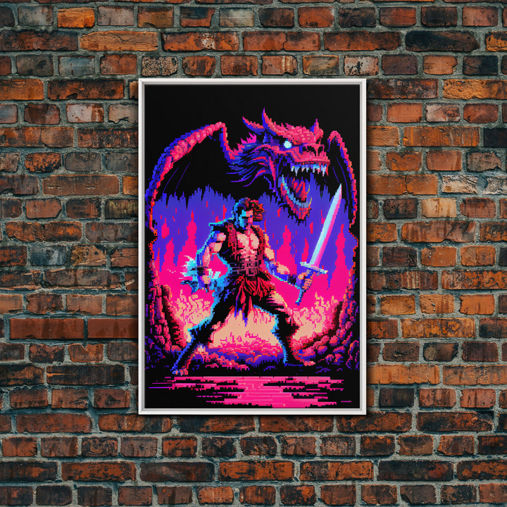 Tabletop RPG art, vaporwave neon aesthetic, Barbarian art, framed canvas print