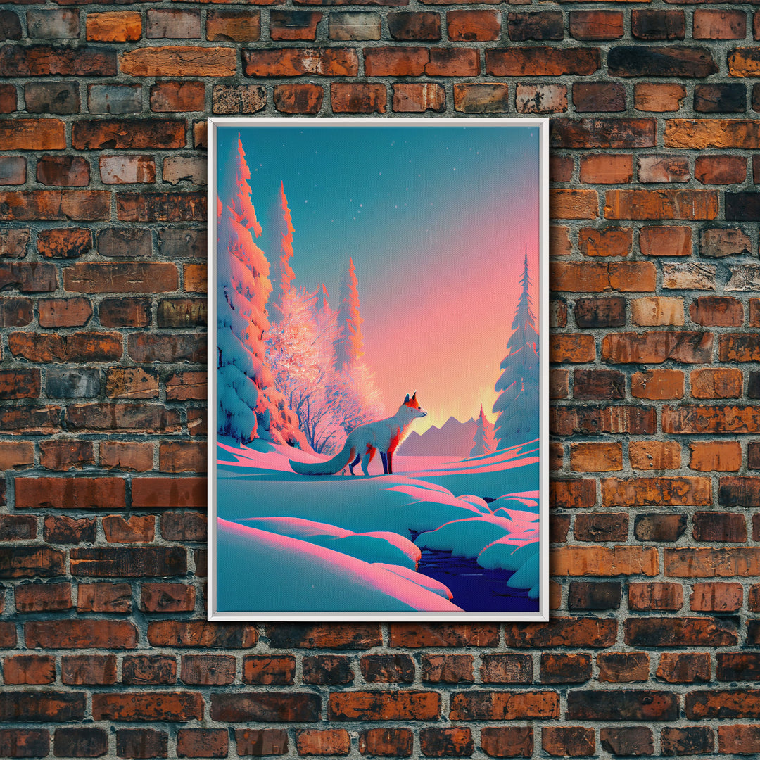 Cute arctic fox art in the snow, framed canvas print