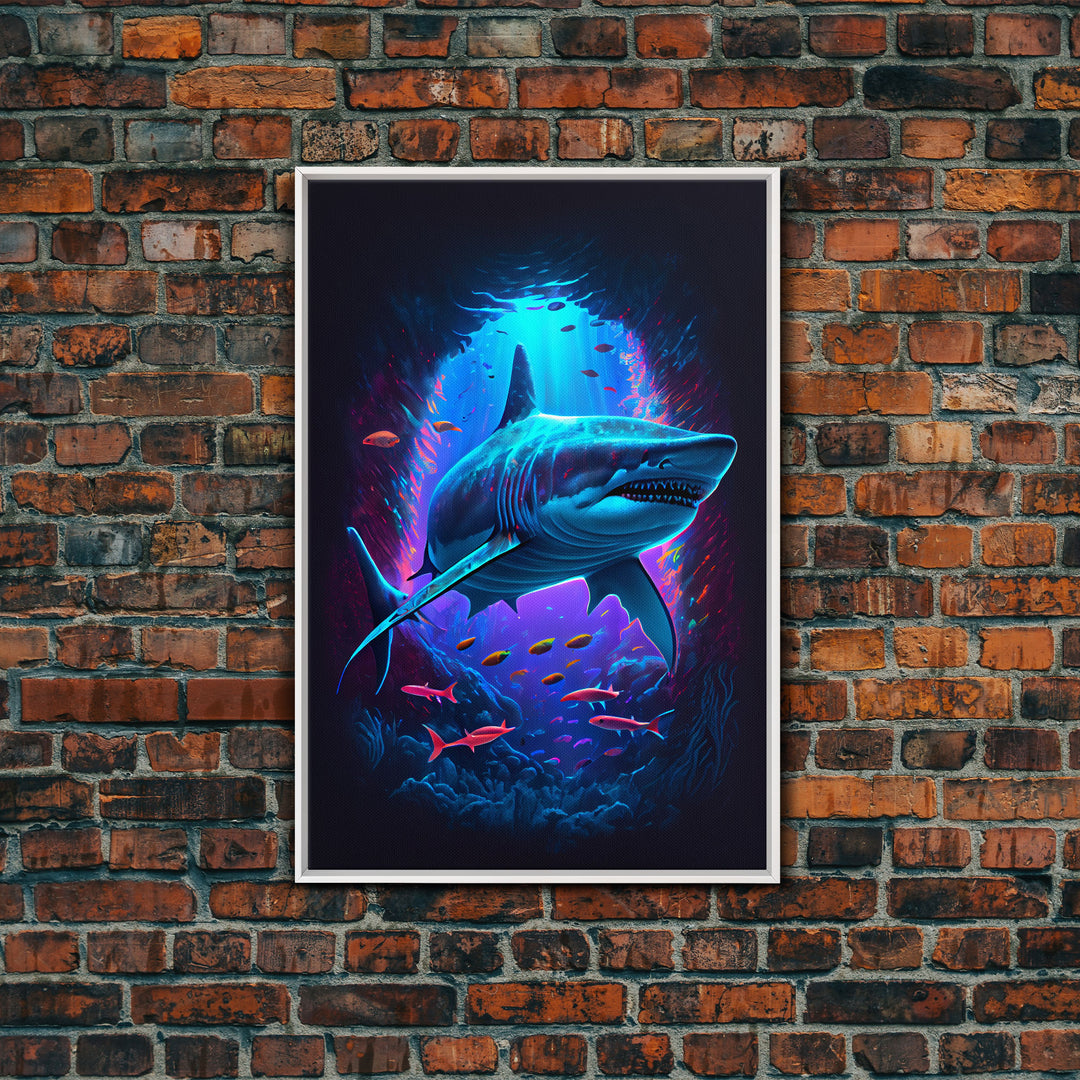 Shark Art, framed canvas print, colorful retro style shark art watercolor painting print