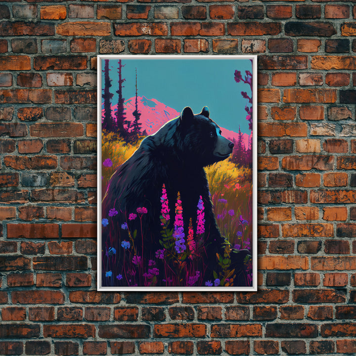 Cute brown bear stopping to smell the flowers, animal prints, framed canvas print, colorful unique wall art