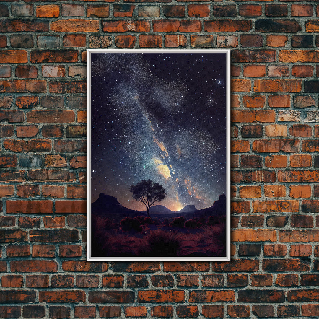 Starry night sky over the plains of Texas,  beautiful farmhouse art, primitive art, framed canvas print