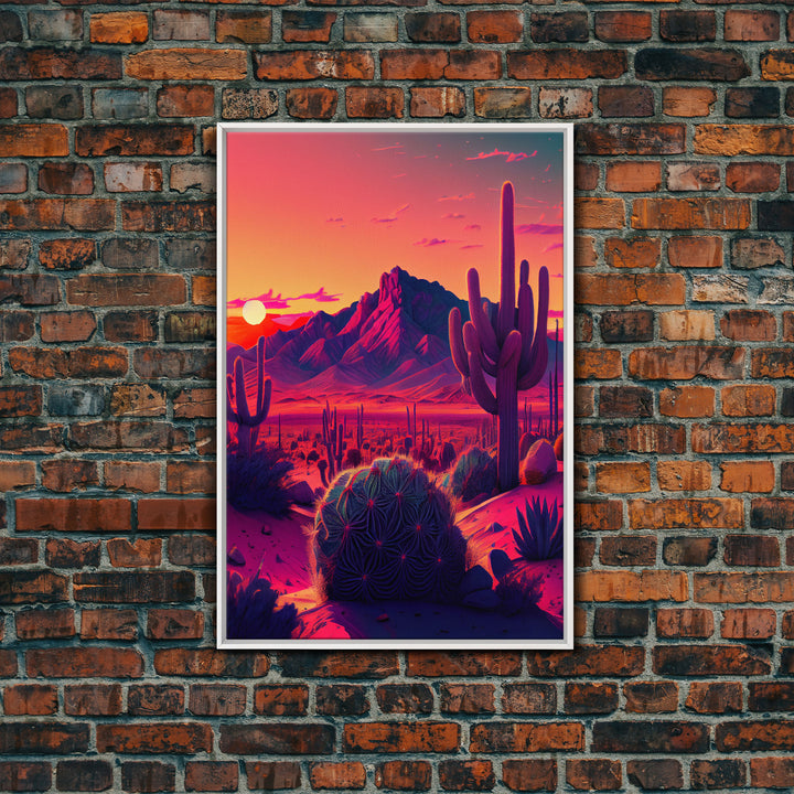 Pastel Arizona Night, Outrun Style sunset over a desert landscape with cactus, framed canvas print