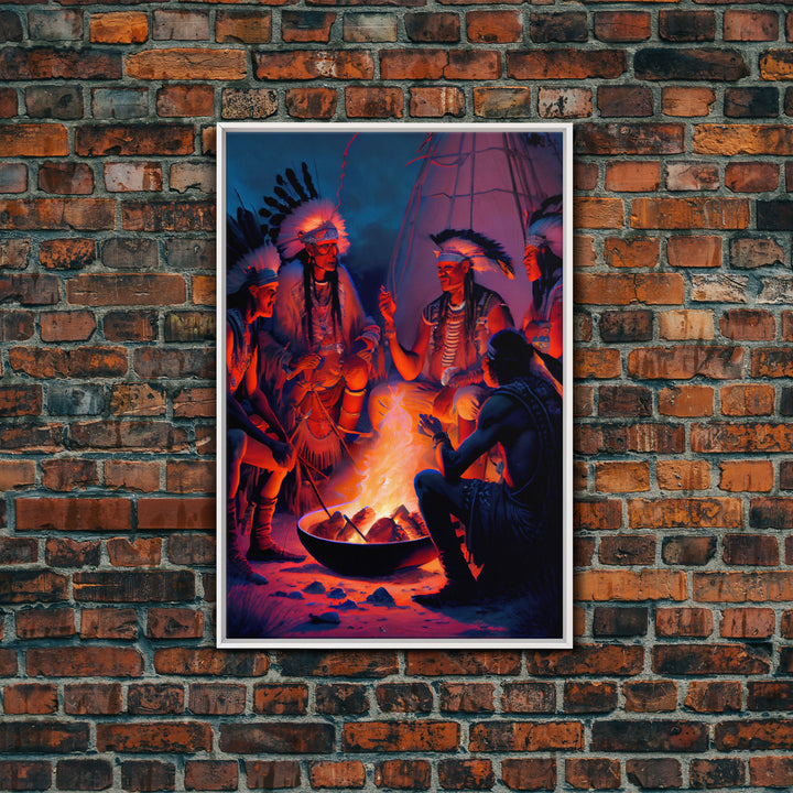 Wild West Decor, framed canvas print, Watercolor of Native Americans enjoying a campfire