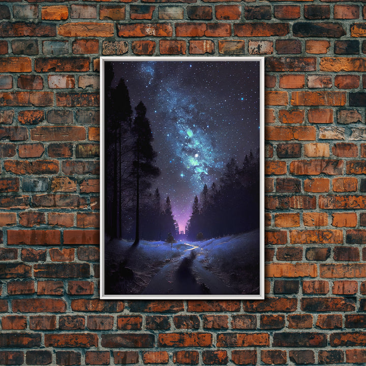 Starry Night Time Landscape, Milky Way Galaxy Art, Pine Tree Forest, Framed Canvas Print