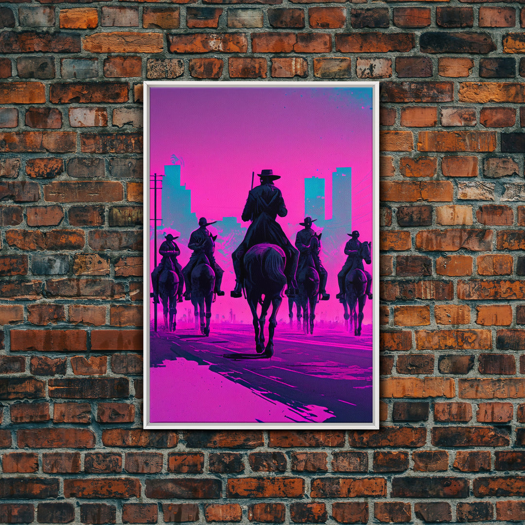 Post-Apocalyptic Cowboys, Vaporwave Aesthetic fantasy art, framed canvas print