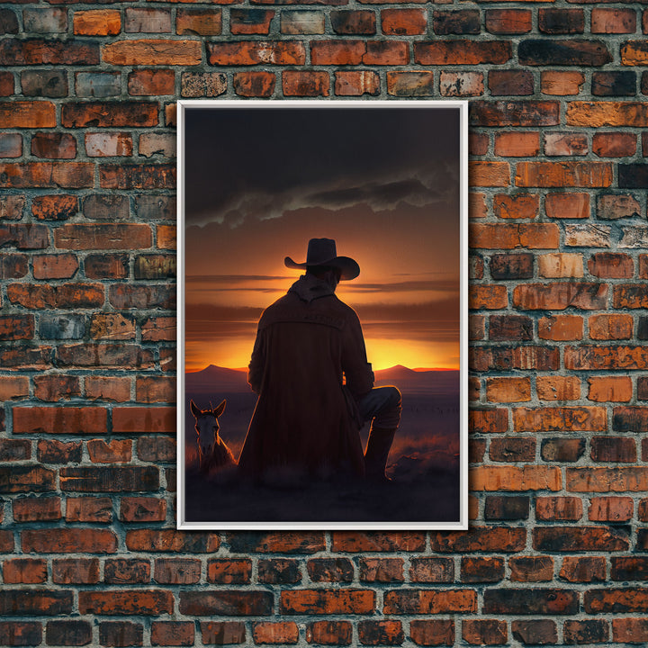 A cowboy and his horse at sunset, framed canvas art, canvas print, western decor, farmhouse art