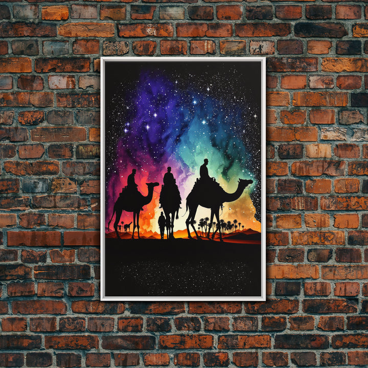 The Three Wise Men, Framed Canvas Print, Colorful Rainbow Art, 3 Wise Men, Camel Art, Starry Night Sky