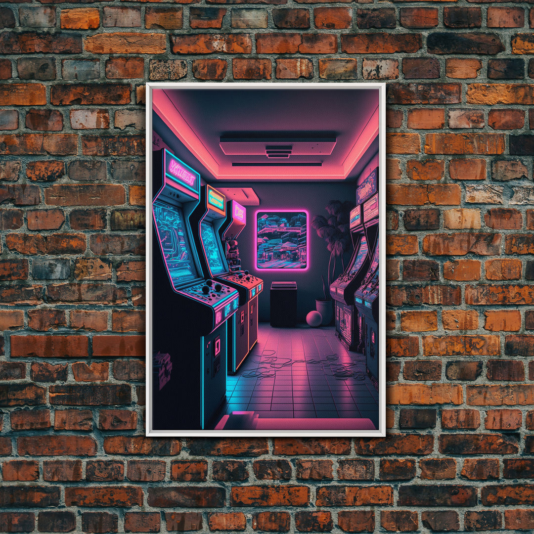 Neon Arcade, Gamer Room Decor, Unique Game Room Art, Framed Canvas Print, Synthwave Style Art, Vaporwave Gamer Art, Retrowave Arcade