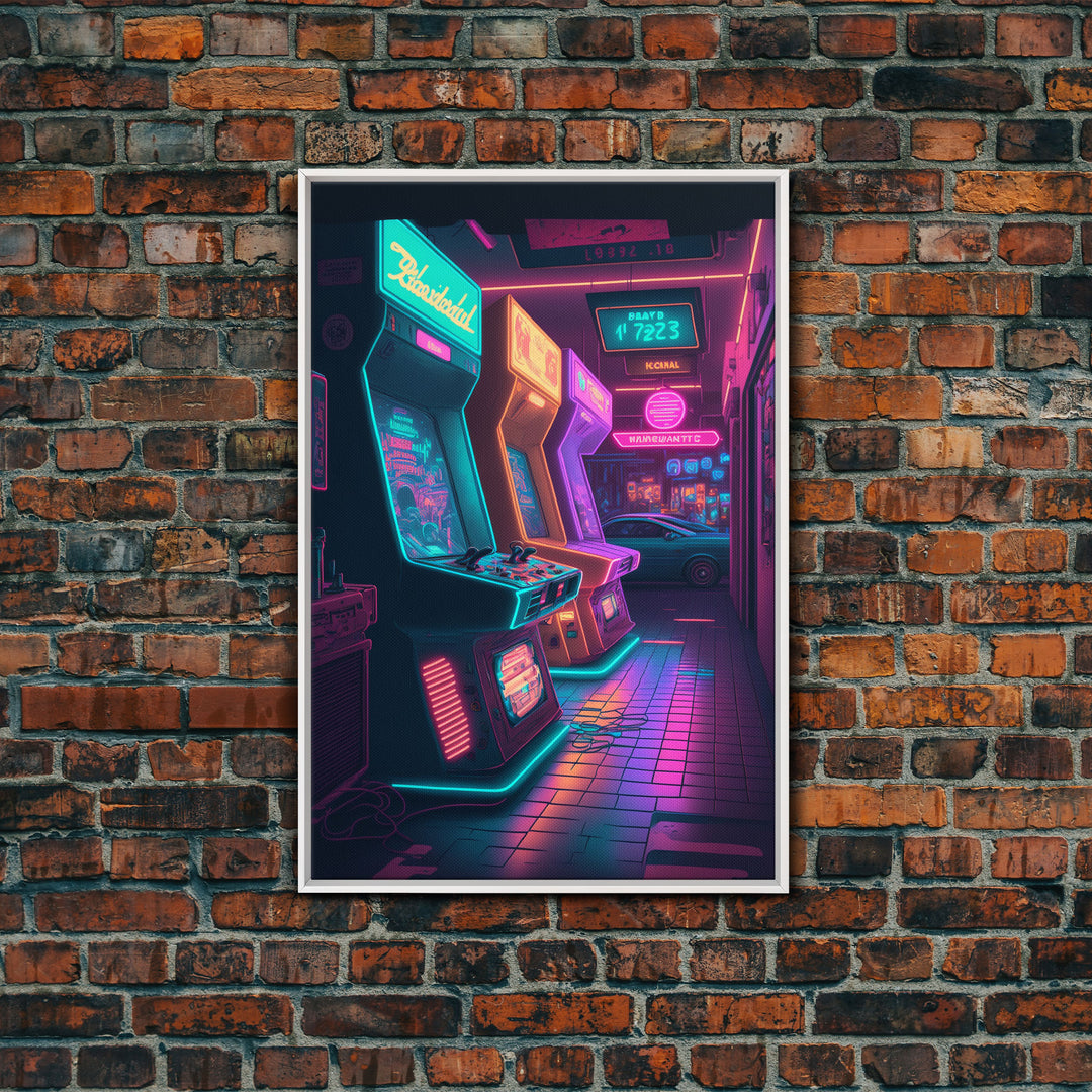 The Neon Arcade, Gamer Room Decor, Unique Game Room Art, Framed Canvas Print, Synthwave Style Art, Vaporwave Gamer Art, Retrowave Arcade