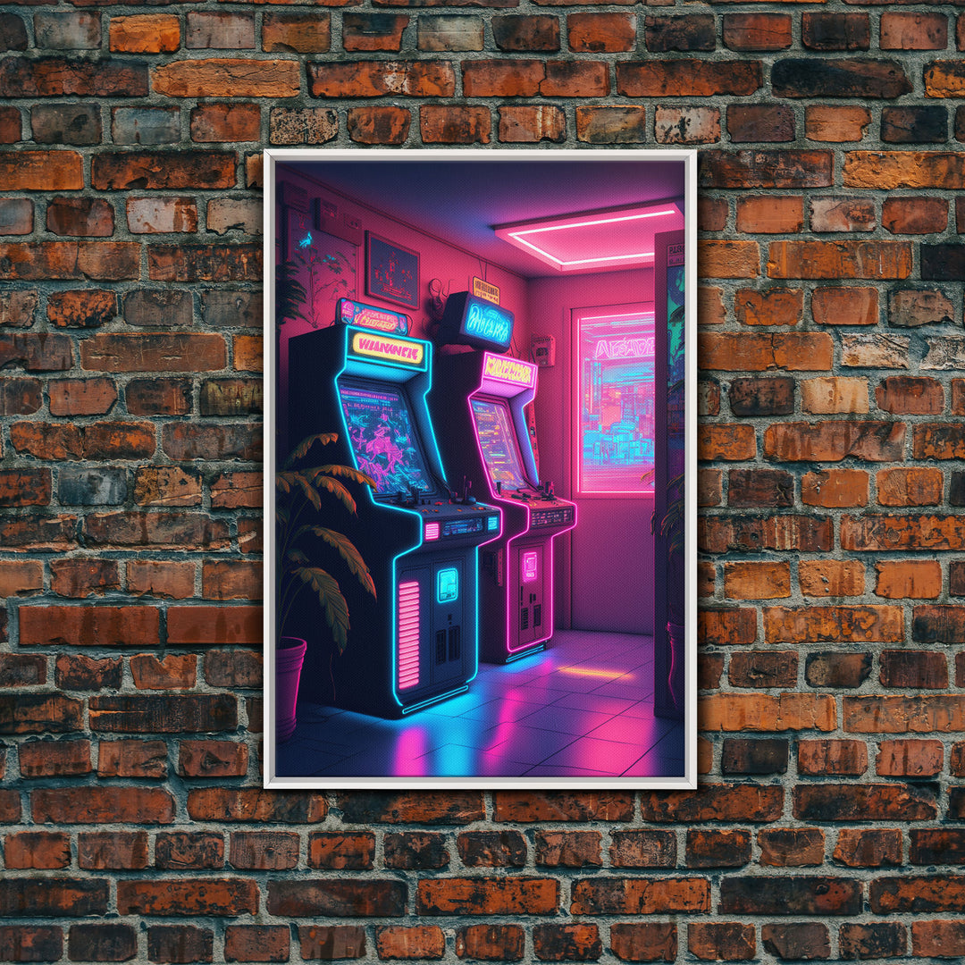 Retrowave Arcade Room, Neon Gamer Art, Framed Canvas Print, Framed Wall Art, Retrowave Arcade Decor, Game Room Art