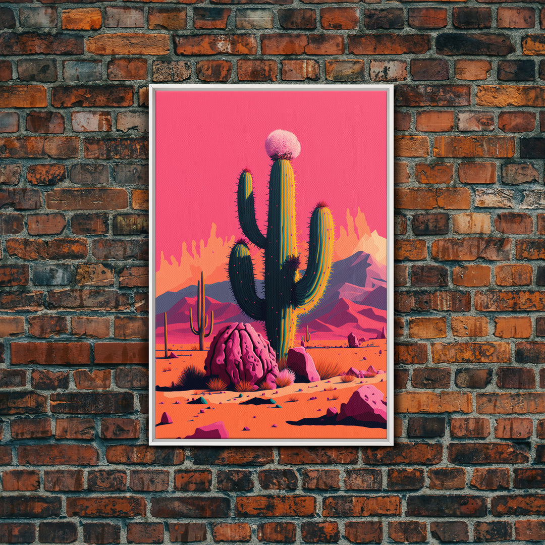 Mexico Cactus Art, Synthwave Pink Art, Framed Canvas Print, Southwest Saguaro Cactus Succulent Art, Western Decor