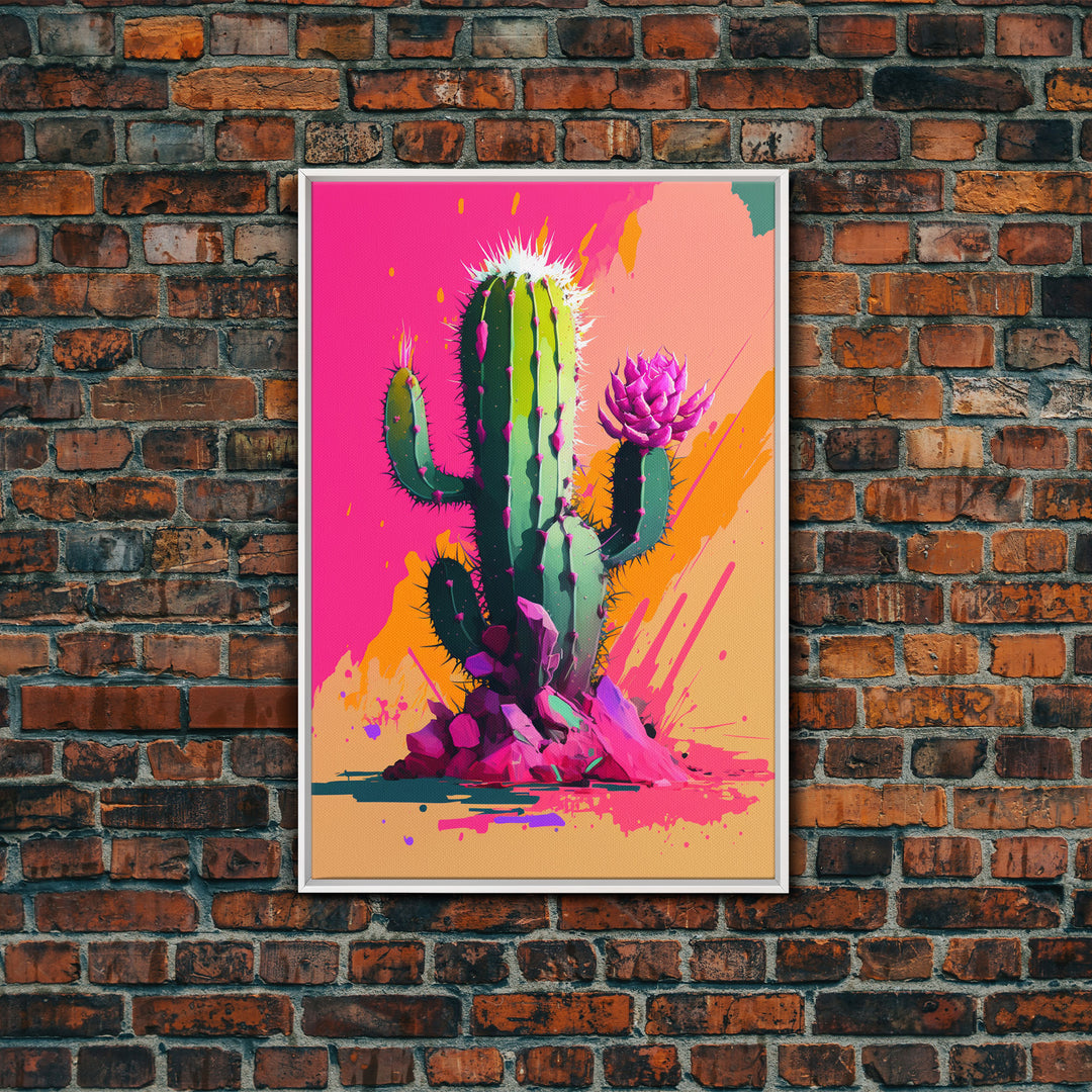 Pop Art Mexico Cactus Art, Synthwave Pink Art, Framed Canvas Print, Southwest Saguaro Cactus Succulent Art, Western Decor