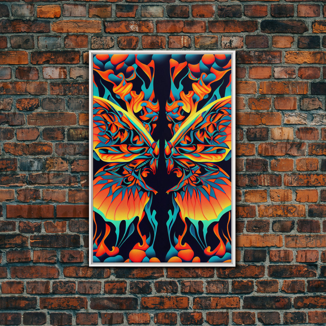 Butterfly Fire Rorschach Art, Dual Meaning, Framed Canvas Print, Optical Illusion Art