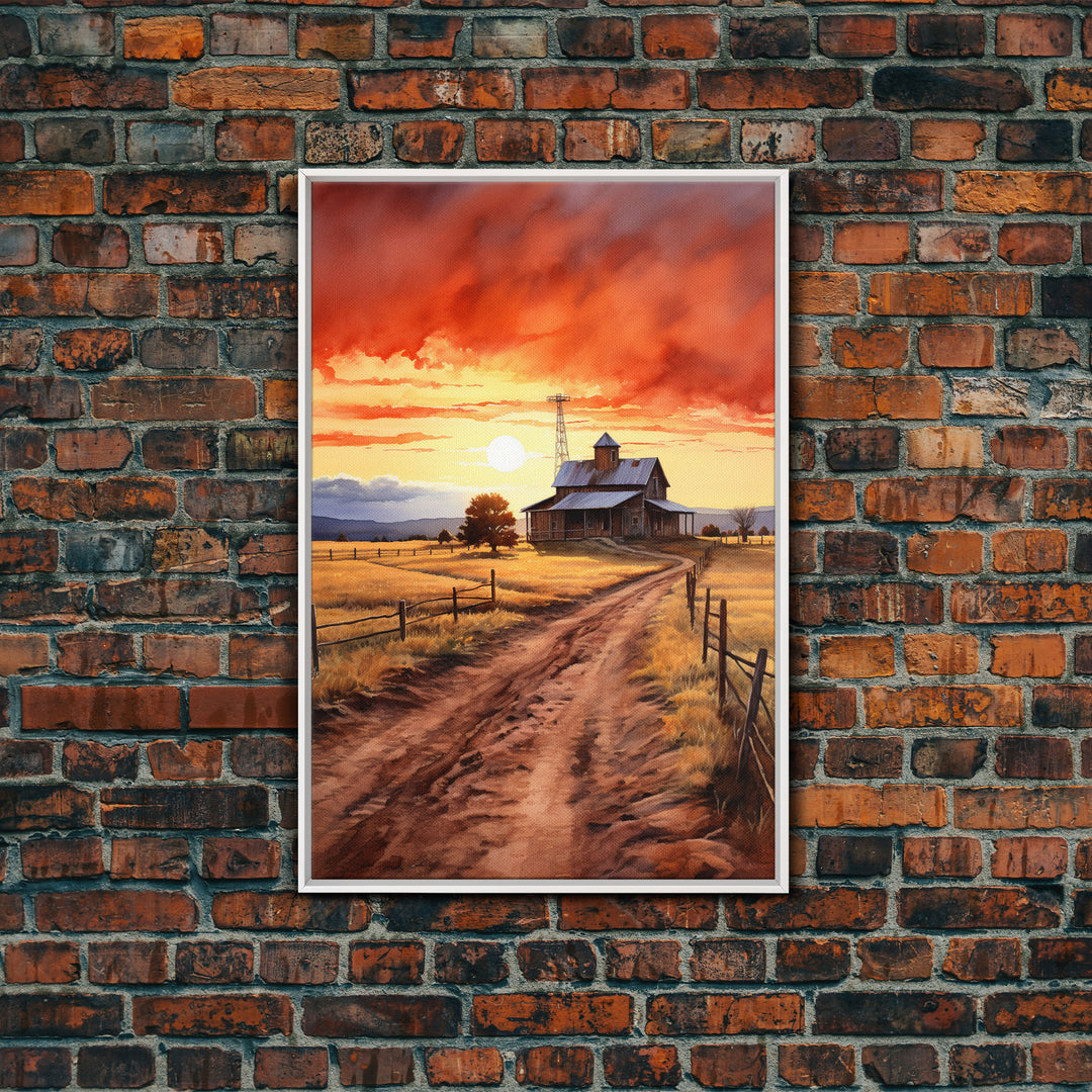 Sunset Over Kansas Farmhouse, Framed Canvas Print or Poster