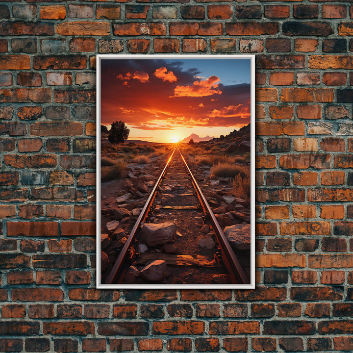 Abandoned Train Tracks Somewhere In The Arizona Desert, Framed Canvas Print, Western Decor