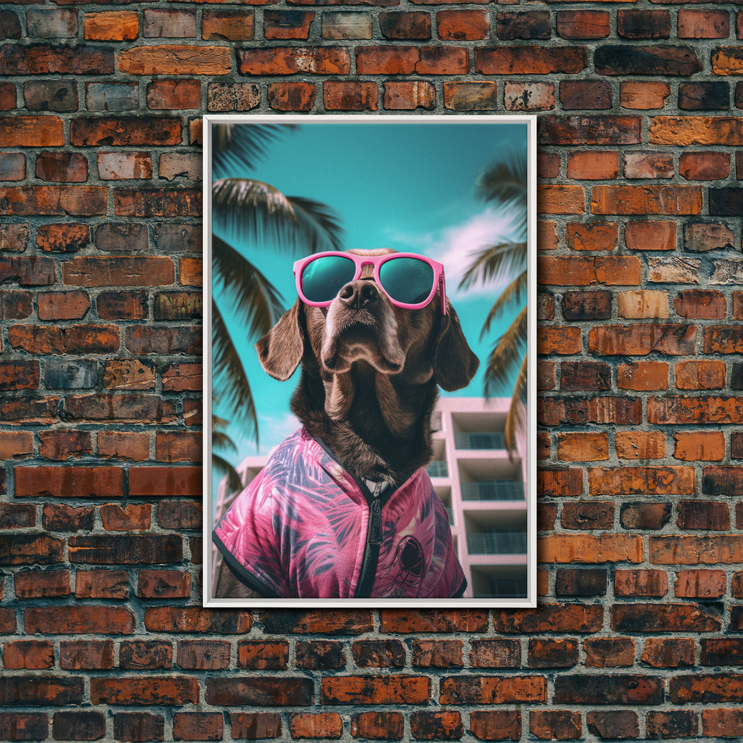 Labrador Dog Wall Print, Dog Wall Art, Dog With Shades, Pink Shirt, Funny Wall Art, Framed Wall Art, Framed Canvas, Wall Print, Wall Canvas