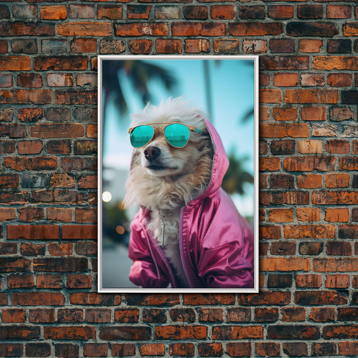 Pomeranian Wall Print, Dog Wall Art, Dog With Shades, Pink Shirt, Funny Wall Art, Framed Wall Art, Framed Canvas, Wall Print, Wall Canvas