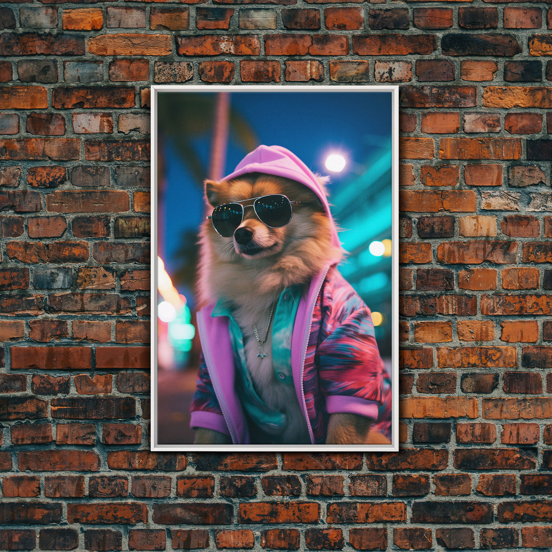 Pomeranian Wall Print, Dog Wall Art, Dog With Shades, Pink Hoodie, Funny Wall Art, Framed Wall Art, Framed Canvas, Wall Print, Wall Canvas