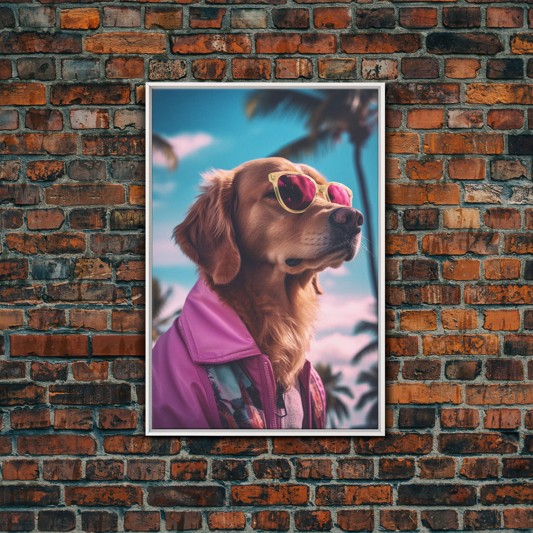 Golden Retriever Wall Print, Dog Wall Art, Dog With Shades, Pink Hoodie, Funny Art, Framed Wall Art, Framed Canvas, Wall Print, Wall Canvas