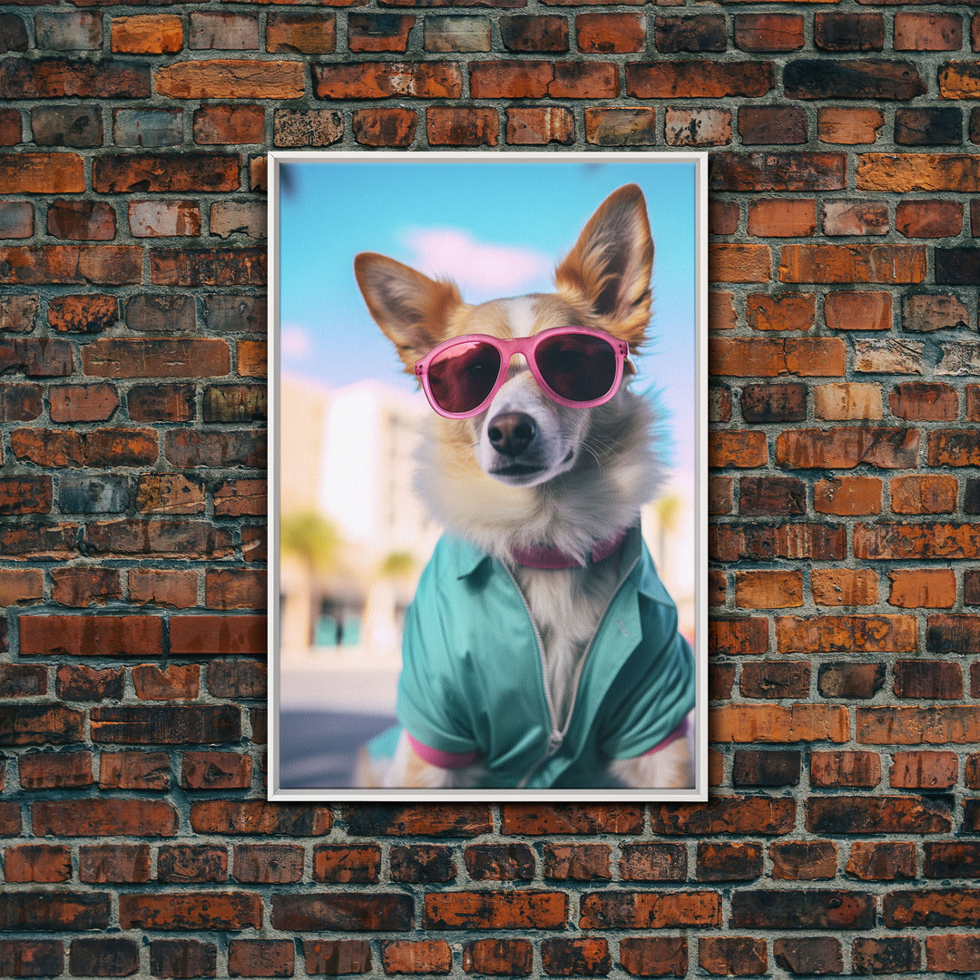 Corgi Wall Print, Dog Wall Art, Dog Sunglasses, Teal Shirt, Funny Wall Art, Framed Wall Art, Framed Canvas, Wall Print, Wall Canvas