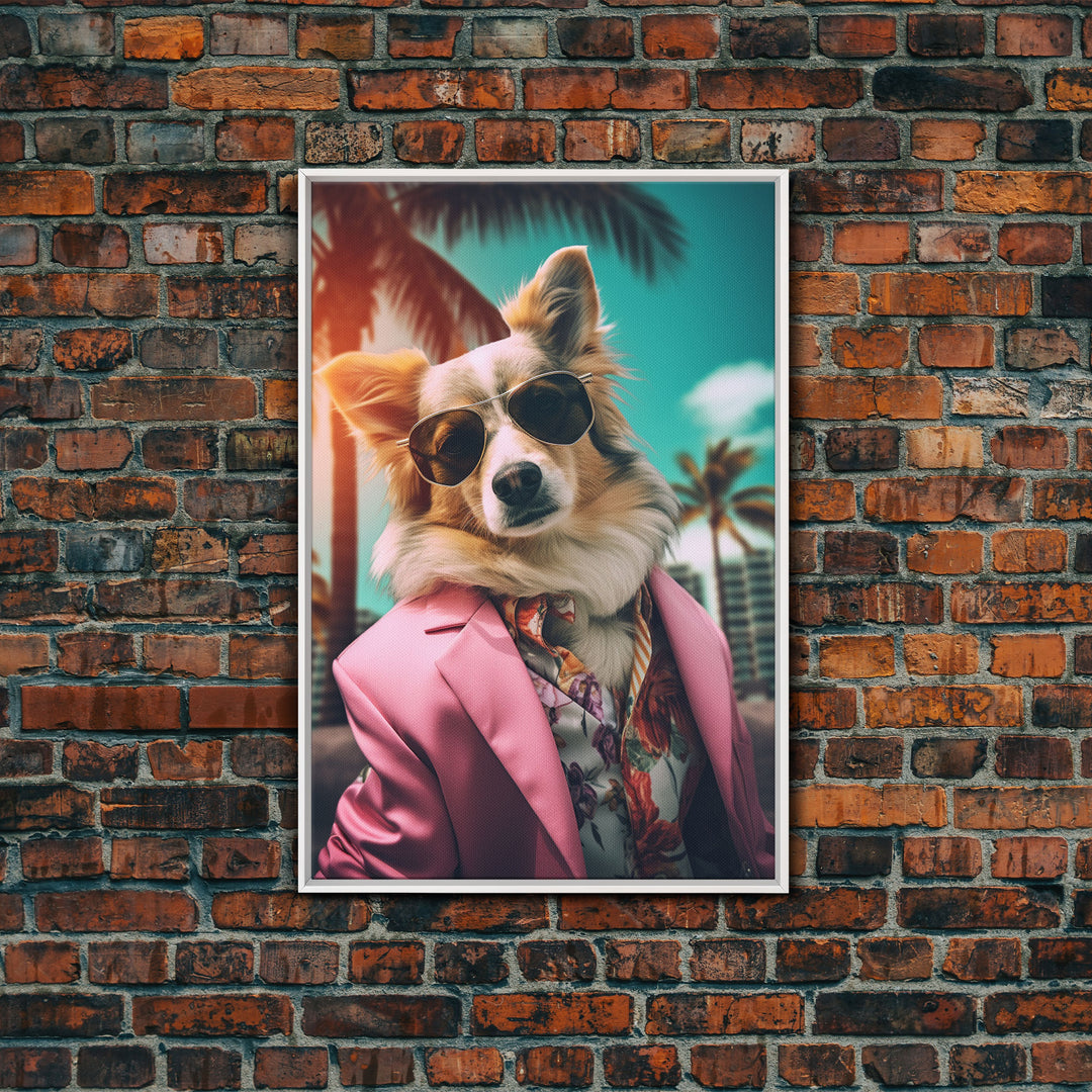 Corgi Wall Print, Dog Wall Art, Dog Sunglasses, Pink Suit, Floral Shirt, Funny Art, Framed Wall Art, Framed Canvas, Wall Print, Wall Canvas