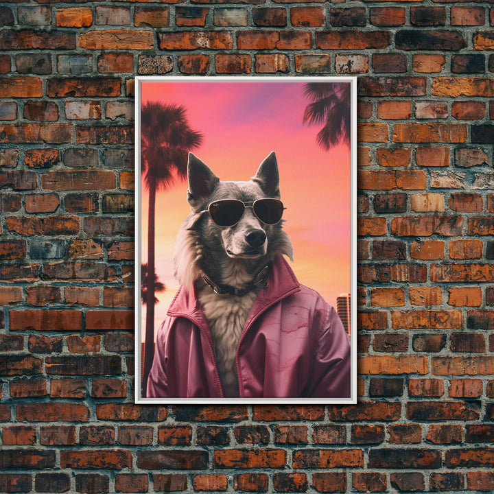 Wolfdog Wall Print, Dog Wall Art, Dog Sunglasses, Dog In Pink Jacket, Funny Art, Framed Wall Art, Framed Canvas, Wall Print, Wall Canvas