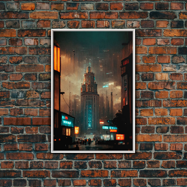 Art Deco Cyberpunk Cityscape Canvas Print, Scifi art, cool wall art for mancave, dystopian art, architecture