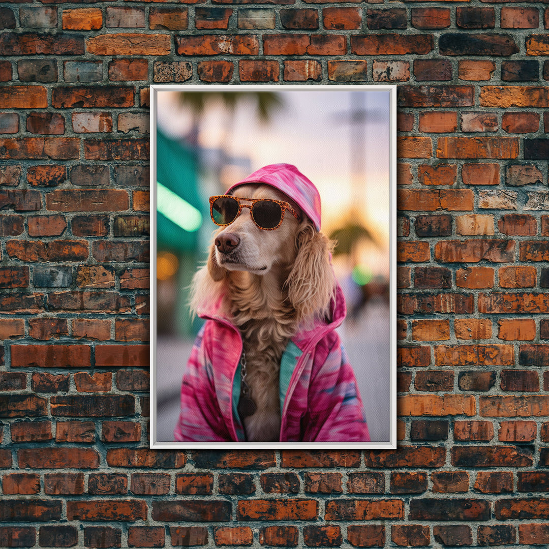 Cocker Spaniel In Sunglasses Pink Shirt Wall Print, Dog Portrait, Dog Art Print, Framed Wall Art, Framed Canvas, Wall Print, Wall Canvas