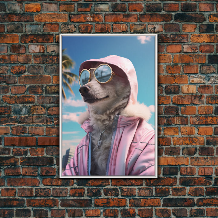 Japanese Spitz In Sunglasses Pink Hoodie Wall Print, Dog Portrait, Dog Art Print, Framed Wall Art, Framed Canvas, Wall Print, Wall Canvas